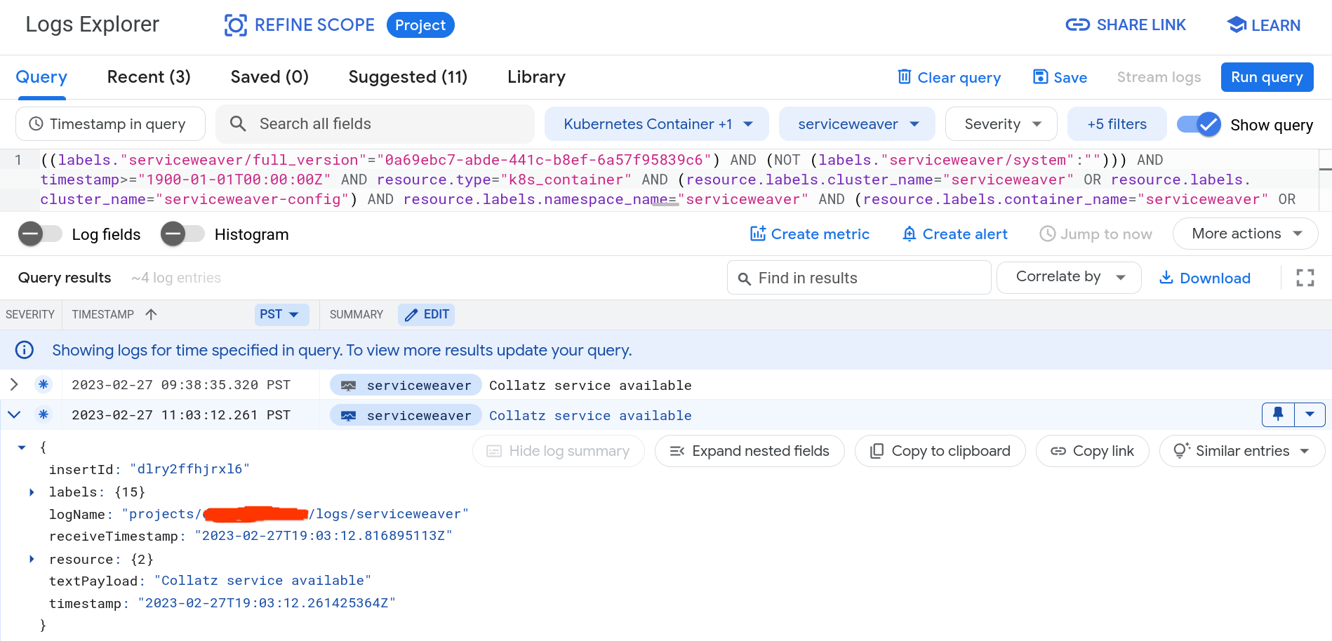 A screenshot of Service Weaver logs in the Logs Explorer