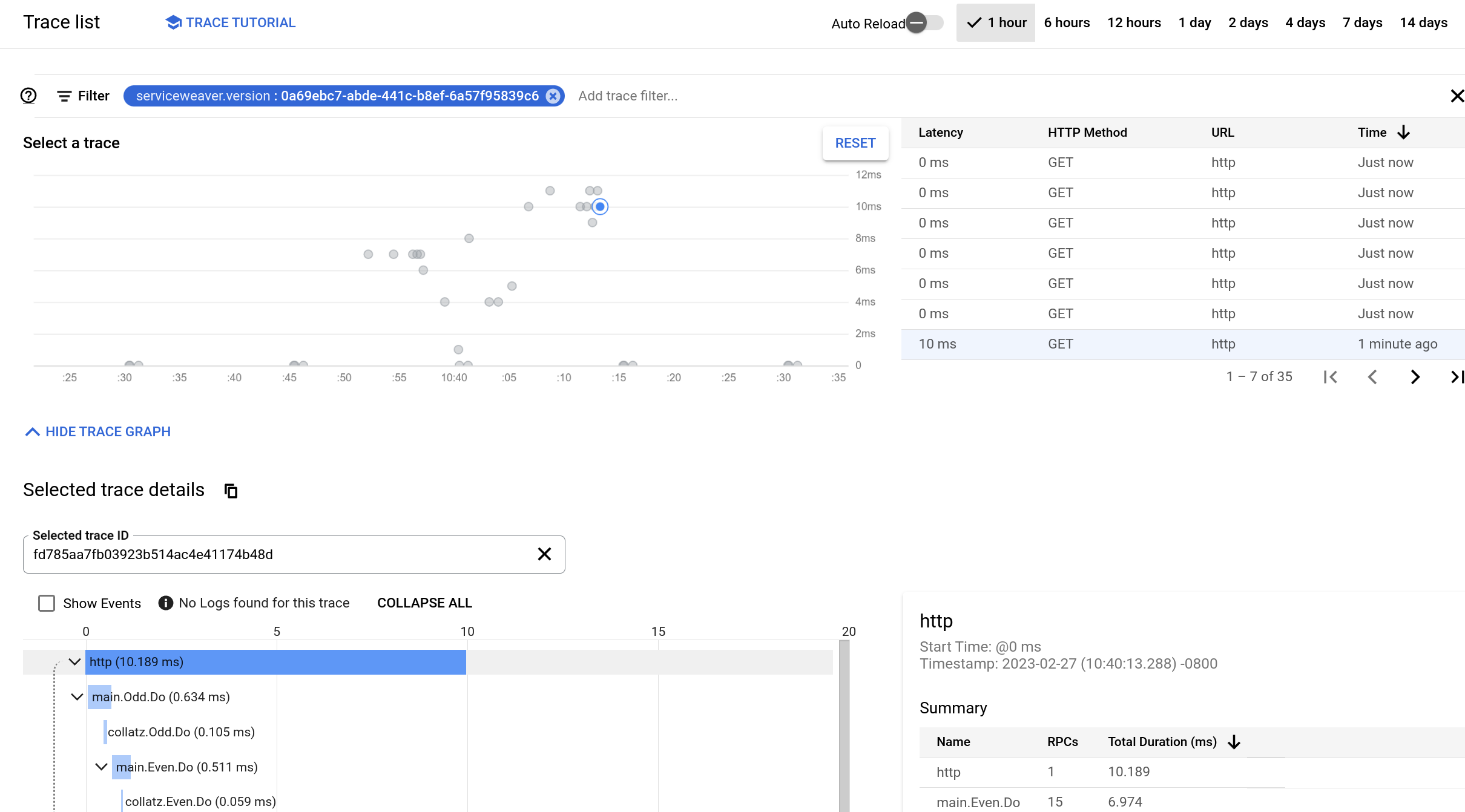 A screenshot of a Google Cloud Trace page